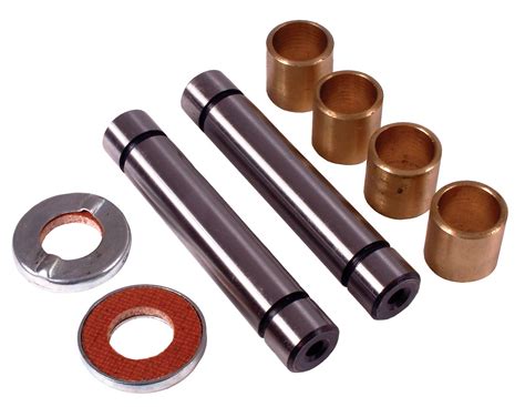 King pins - King pin kit components. King pin kits are specific for each axle model and the kits will include all necessary components to refurbish the axle and steering knuckle. Most king pin kits will include the following items: King pins – Large Hardened steel pins. These may be a single or double keeper (using one or two keeper bolts) The diameter ... 